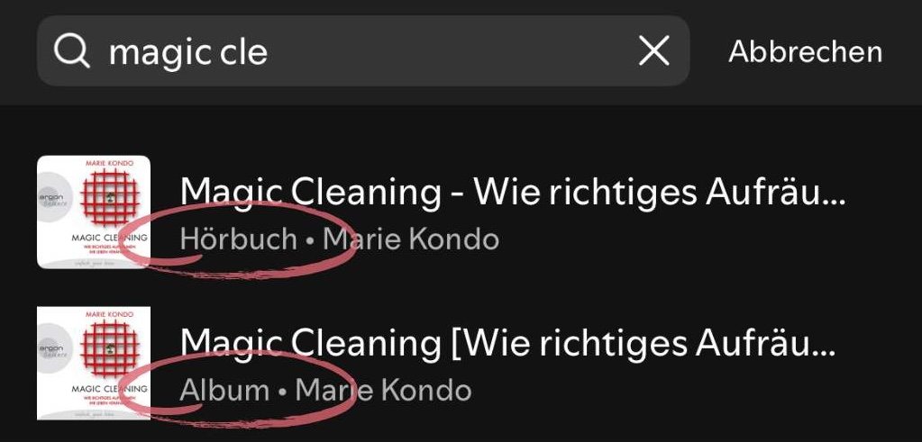 Hörbücher sind doppelt gelistet: Als "Album" und als "Hörbuch"